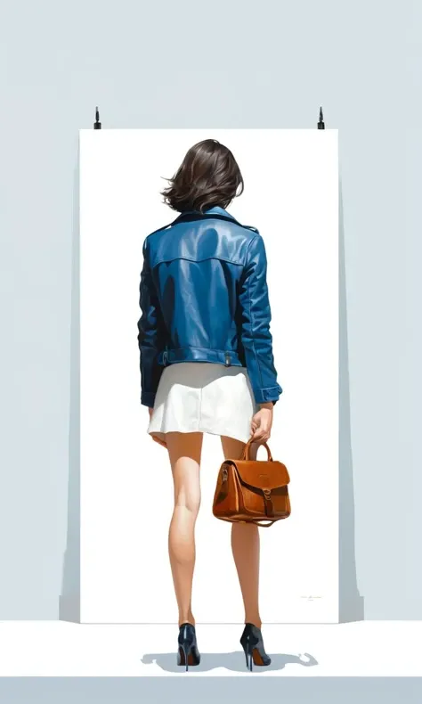 Minimalist,Art,Painting,Illustration,Ultra high details,a woman with a leather bag and a blue jacket standing in front of an empty white painting on a wall,view from behind,bright background,Atey Ghailan,book cover,a poster,les automatistes