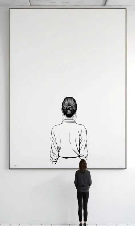 Minimalist, Art, Painting, Illustration, Ultra high details, 1990s vibes, a woman staring on a empty white image on the wall, view from behind