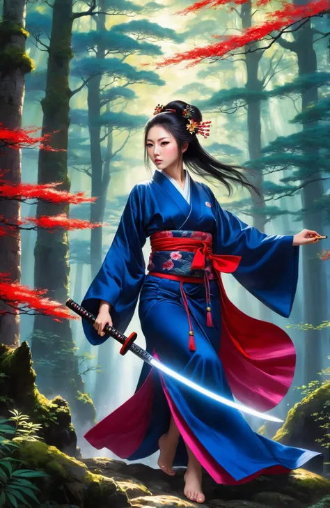 Conceive an image of a woman, garbed in a dark blue kimono that whispers tales of ancient lore, aloft amidst the enigmatic embrace of a mystic forest. In her grasp, a katana glows with an ominous, ruby hue, matching the dangerous aura she emanates. Her black wings reflect the whispering shadows beneath, as she soars skyward, looking from above with a gaze as sharp and focused as her blade. This compelling scene pulses with a lived realism akin to a splendid canvas of Takashi Murakami artwork.