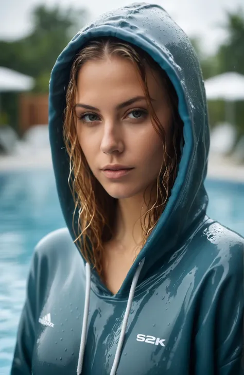 portrait of S298_MsFiiire,a beautiful woman,in a (pool:1.1),wearing a (hoodie),(wet-hair),(4k, RAW photo, best quality, depth of field, ultra high res:1.1),(absurdres, intricate, photorealistic, masterpiece, ultra-detailed:1.1),