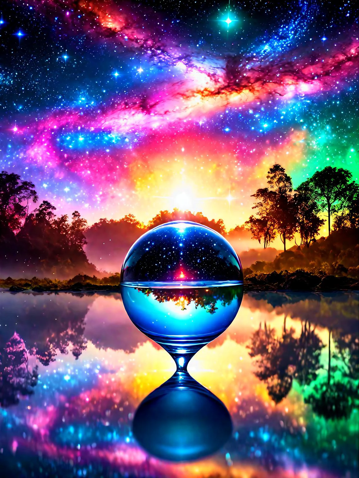 something that defies our understanding of the universe, mystical, magical, psychedelic, fantasy, complex, extremely detailed, stars, glass, water, reflection, refraction