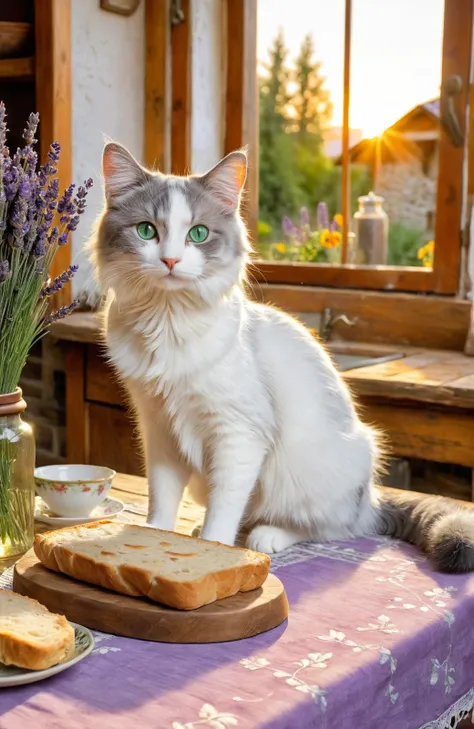 Picturesque scene of a white and gray cat on a rustic table, in a quaint kitchen with a garden view, Rockwell painting style, cat's curious emerald-green eyes, golden sunset glow, aroma of fresh bread and lavender, antique tablecloth, fluffy tail curled around its body