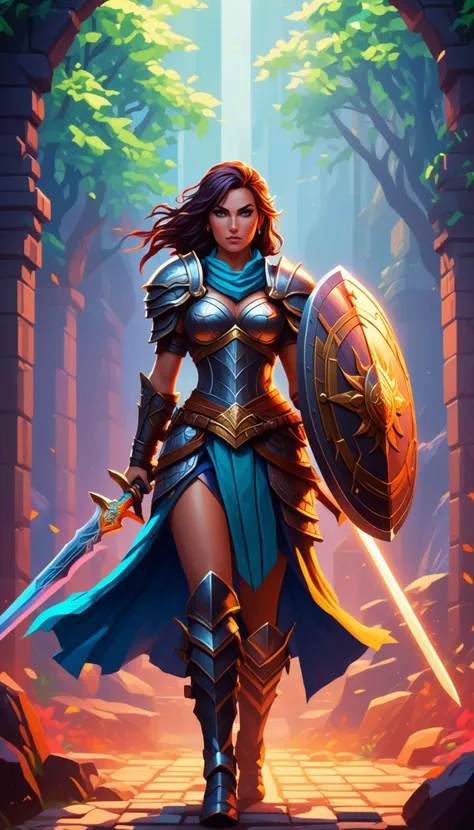 Pixel art of a fierce female warrior with a sword and shield in a fantasy setting, featuring vibrant colors, dynamic lighting, and a dramatic, epic mood