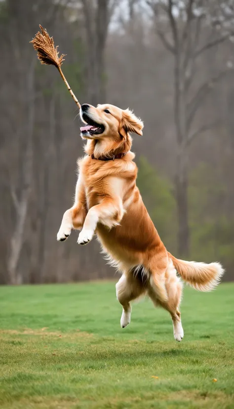 Golden retriever jumping to catch a stick