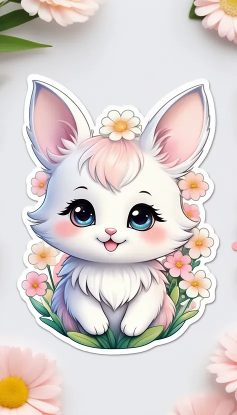 Sticker of a cute, round little animal with big, sparkling eyes and a gentle smile on its face. It has soft, pastel-colored fur. The small critter is surrounded by dainty, heart-shaped flowers in complementary pastel shades, adding to the sticker's overall charm.The white background provides the perfect canvas for this adorable creature, allowing its pastel features to pop and catch the eye. The sticker design exudes a warm and playful energy, making it an endearing addition to any item it adorns.