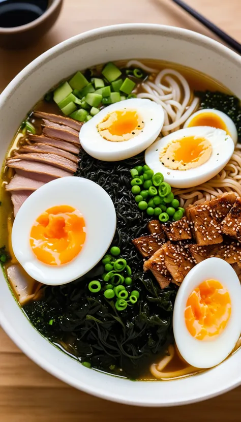 bowl of steaming hot ramen noodles, with a variety of toppings including sliced pork, boiled egg, green onions, and a sheet of nori (dried seaweed). The broth looks rich and flavorful, likely made from a combination of chicken, pork, and dashi.