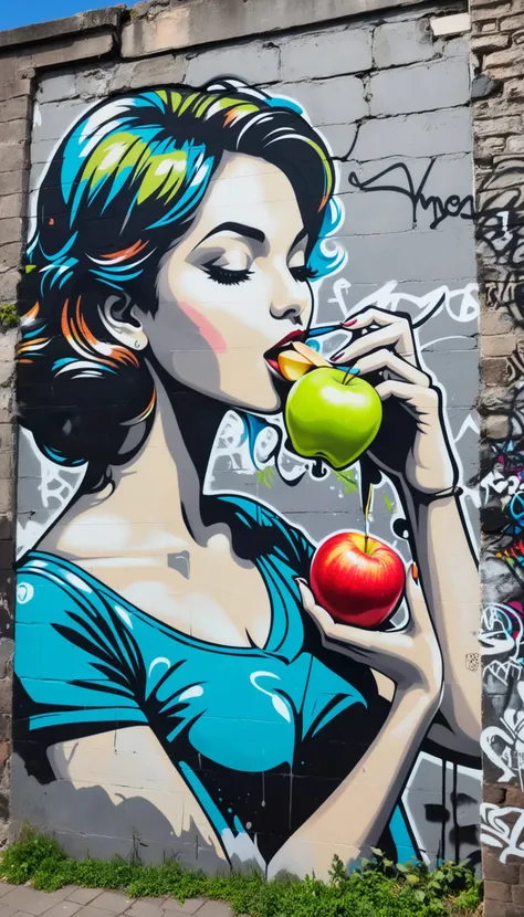graffiti of a woman eating an apple in a wall, street art, vibrant, urban, detailed, tag, mural