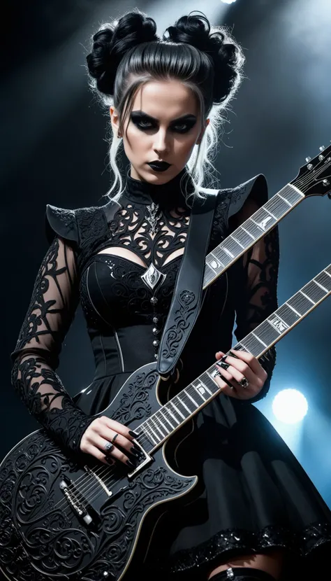 swedish metal rock girl holding a guitar, intense stare into camera, with gothic make-up, intricate details, highly detailed eyes, fancy hair and dark gothic dress, flash photo, on stage, intricate details