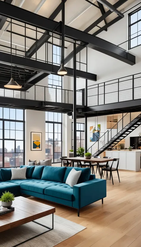 real estate photography style of a modern loft, professional, inviting, well-lit, high-resolution, property-focused, commercial, highly detailed