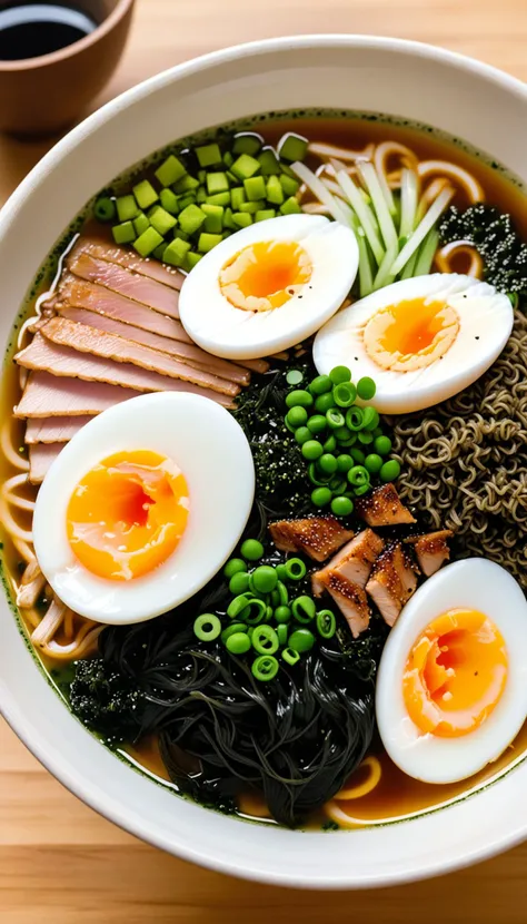 bowl of steaming hot ramen noodles, with a variety of toppings including sliced pork, boiled egg, green onions, and a sheet of nori (dried seaweed). The broth looks rich and flavorful, likely made from a combination of chicken, pork, and dashi.