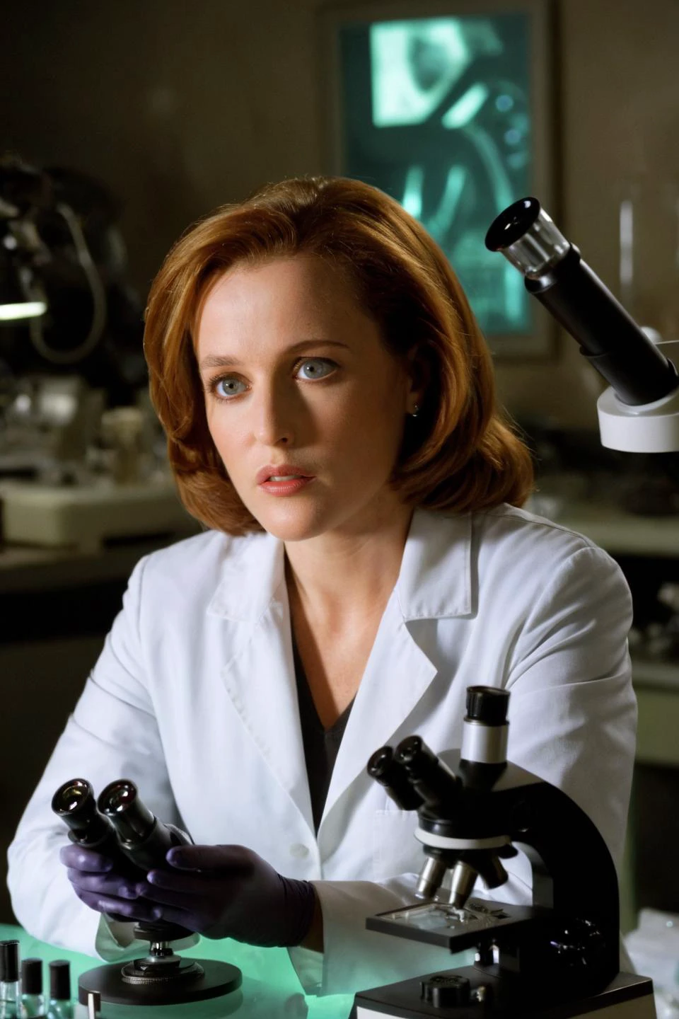Dana Scully is in a laboratory, surrounded by scientific equipment and alien artifacts. She is wearing a lab coat and examining a strange, otherworldly specimen under a microscope. The room is filled with bright, artificial light, contrasting with the dark secrets she is uncovering. Her expression is one of fascination and concern, reflecting the dual nature of her work. <lora:dana scully 1b-000001:0.9> dana scully woman <lora:add-detail-xl:1>