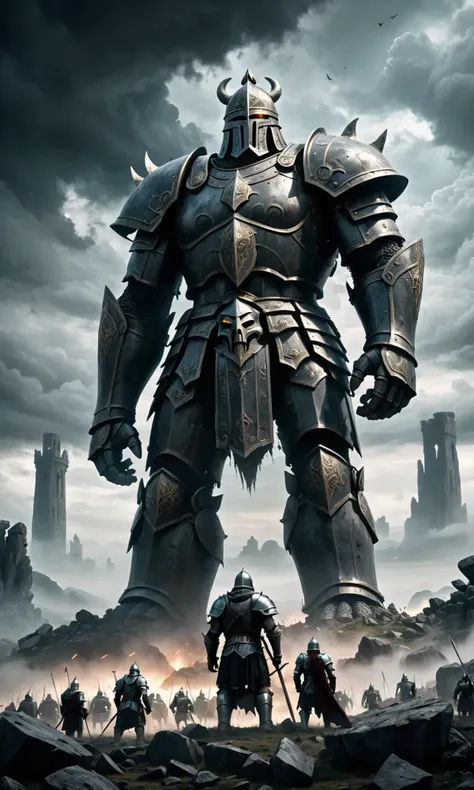 Colossal stone giant towers over a battlefield, Giants body chiseled from weathered rock, Ancient aura, Hollow eyes filled with eerie darkness, Battlefield filled with remnants of fallen knights, Scene under somber, cloudladen sky, Soft, diffused lighting, Cinematic style and muted palette.