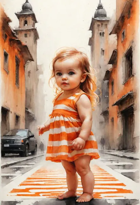 orange girl, stripes, looking up, ion a carpet,, high details, long hair, eyelash, buildings