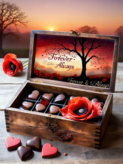 Crimson rose in antique wooden box with "Forever & Always" carved text, scattered heart-shaped chocolates, gradient background of autumn sunset to twilight, barren tree silhouette, red poppy contrast, atmospheric mist, reminiscent of old English novels.
