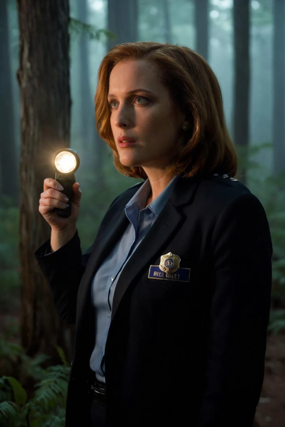 Dana Scully is standing in a foggy forest at night, holding a flashlight in one hand and her FBI badge in the other. She is looking at something off-camera with a mix of fear and determination. The trees around her are towering and ominous, and there is a faint glow of something unnatural in the distance. Her expression is focused and serious, capturing her readiness to confront whatever lies ahead. <lora:dana scully 1b-000001:0.9> dana scully woman <lora:add-detail-xl:1>