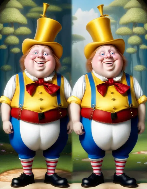 comic (full shot:1.5), a character from Lewis Carroll's book Alice in Wonderland. 1Tweedledee, 1Tweedledum. Hyperdetailed, analog style, detailed skin, smiling eyes, matte skin, soft lighting, subsurface scattering, realistic, heavy shadow, masterpiece, best quality, 8k, golden ratio, intricate, High Detail, film photography, ultra-sharp focus, realistic object structures . graphic illustration, comic art, graphic novel art, vibrant, highly detailed