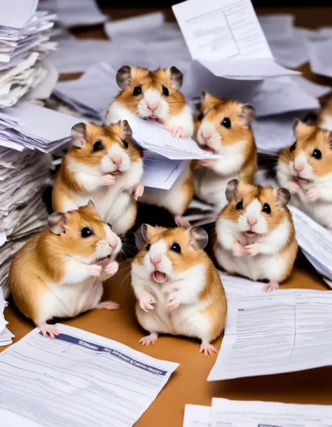 a group of angry hamsters overwhelmed with paperwork in a disorderly mess of papers