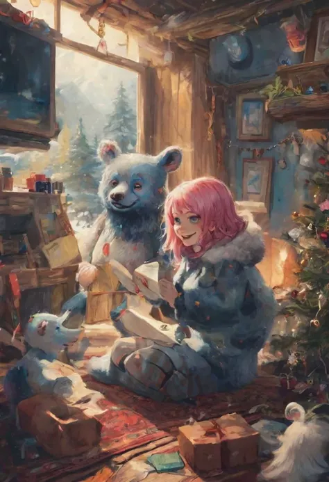 scifi, painting of a  happy stylized monster character  (bear|martian:1.1)  (blue skin:1.2) pinkhair, opening xmas present, cosy alpine lodge room, fireplace, winter, neanderthal young girl