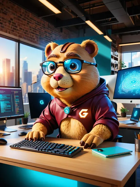 Golang engineer Minnan culture, blending technical flair, highlight code snippets, Go gopher mascot, Minnan architectural elements, infuse with atmospheric detail digital glow, daylight radiance at modern workspace, conclude with a flat illustration vibe, in the style of contemporary digital art.