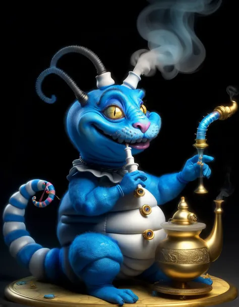 comic (full body:1.5), a character from Lewis Carroll's book Alice in Wonderland. Blue Caterpillar smoking a hookah. Hyperdetailed, analog style, detailed skin, smiling eyes, soft lighting, subsurface scattering, realistic, heavy shadow, masterpiece, best quality, 8k, golden ratio, intricate, High Detail, film photography, ultra-sharp focus, realistic object structures . graphic illustration, comic art, graphic novel art, vibrant, highly detailed