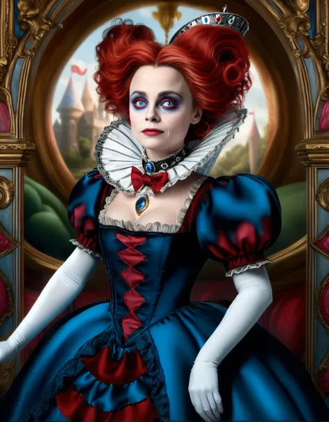 comic (full shot:1.5), a character from Lewis Carroll's book Alice in Wonderland. Helena Bonham Carter as Red Queen. Hyperdetailed, analog style, detailed skin, smiling eyes, matte skin, soft lighting, subsurface scattering, realistic, heavy shadow, masterpiece, best quality, 8k, golden ratio, intricate, High Detail, film photography, ultra-sharp focus, realistic object structures . graphic illustration, comic art, graphic novel art, vibrant, highly detailed