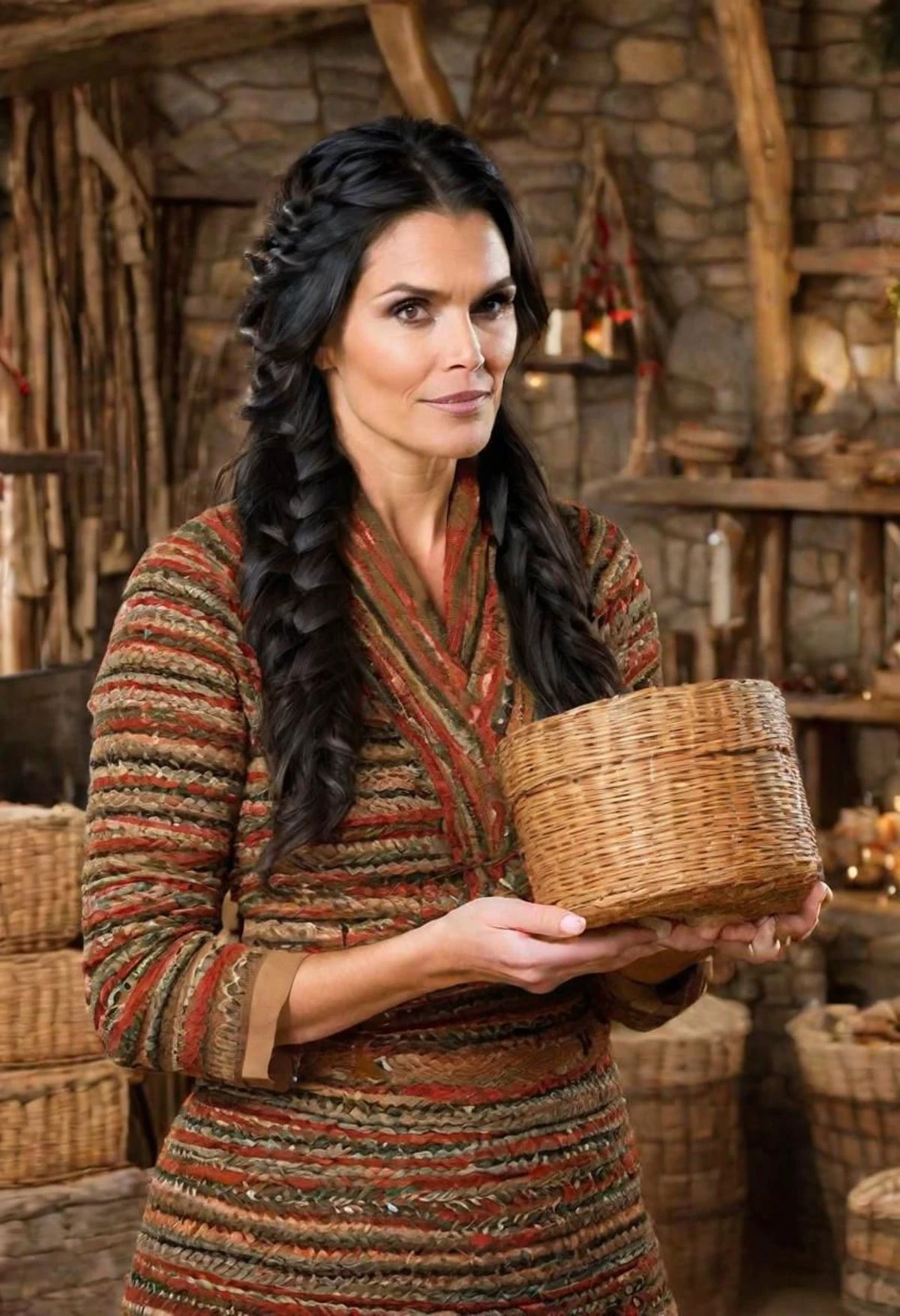 best quality, masterpiece, 1woman, raven black hair, Stepford wives, opening a Christmas present, (ecstatic:1.5), Christmas Village , <lora:neolithic-houses:0.7> geometric braided hair, dressed in primitive woven clothing