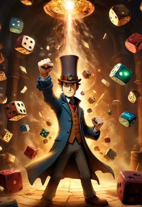 Super Closeup Portrait, Surreal Harmony, Professor Layton, very tall cylinder, Steampunk, Fighting stance Pose, Action Pose, fists in Motion, light cutting through dust, bright veil of light Emitter from fists Motion, colorful luminous dice flying around, very detailed, high quality, HD,