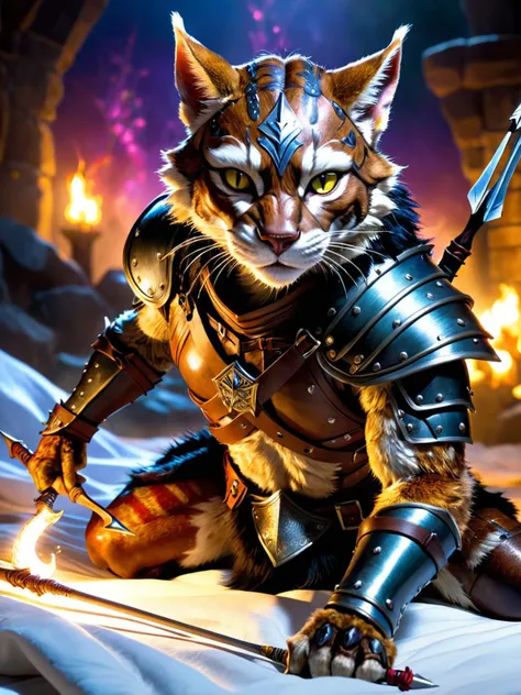 Tabaxi rogue from Dungeons and Dragons, dark fur shimmering in dim light, wornout leather armor bearing battle marks, muscular form, wields bow with arrows in quiver, lying on white sheet, sharp intelligent eyes, twilight setting, focus on fur, armor, bow details, lighting effects, peaceful yet powerful atmosphere.