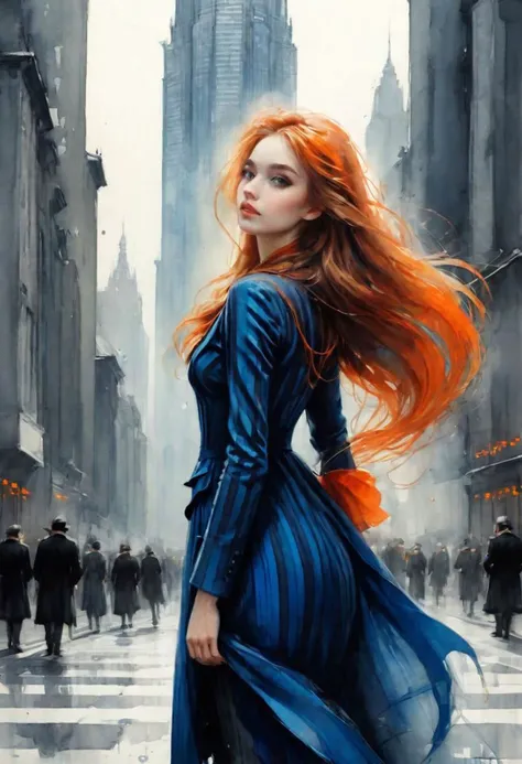 orange girl, stripes, looking up, ion a carpet,, high details, long hair, eyelash, buildings, long dress, beautiful eyes, blue coat