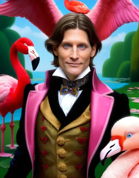 comic (full shot:1.5), a character from Lewis Carroll's book Alice in Wonderland. 1Crispin Glover as Knave of Hearts, 1pink flamingo. Hyperdetailed, analog style, detailed skin, matte skin, smiling eyes, soft lighting, subsurface scattering, realistic, heavy shadow, masterpiece, best quality, 8k, golden ratio, intricate, High Detail, film photography, ultra-sharp focus, realistic object structures . graphic illustration, comic art, graphic novel art, vibrant, highly detailed