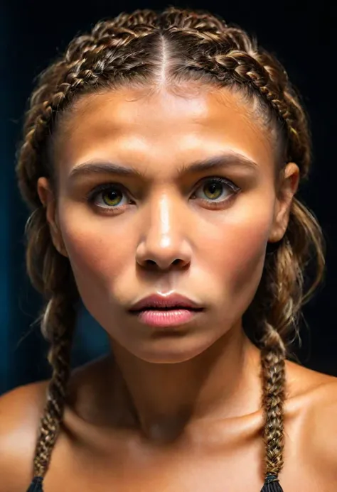 masterpiece, Best Quality, (1womanl), Ultra-detailed, finely detail, hight resolution, 8K picture quality, UHD, Perfect dynamic composition, Beautiful detailed eyes, Natural Lip, primitive woven clothing, neanderthal woman,  extra very short hair, geometric braided hair, Abstract background, bashfulness, neon lights diffused in background, solo