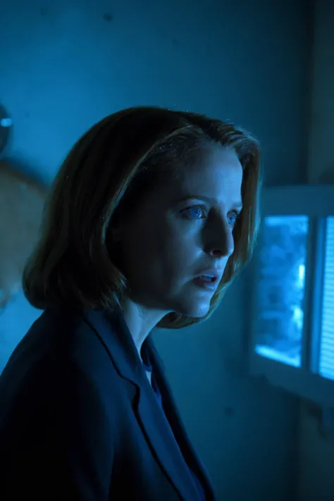 Inside an old, abandoned hospital, Dana Scully is using a UV light to uncover hidden clues. The walls are peeling, and old medical equipment is strewn about, creating a creepy atmosphere. Scully's face is illuminated by the eerie blue light, highlighting her intense concentration and investigative prowess. The scene conveys a sense of urgency and the unknown. <lora:dana scully 1b-000001:0.9> dana scully woman <lora:add-detail-xl:1>