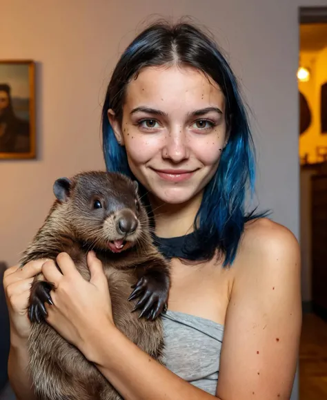 highly detailed, raw half body photo of blue head 20yo serbian woman with small beaver on hands , smirk, raw 2018 Reddit vibe, highlight direct gaze, , evening , end with a candid snapshot essence, in the vein of raw photography. small breast, partially open clothes