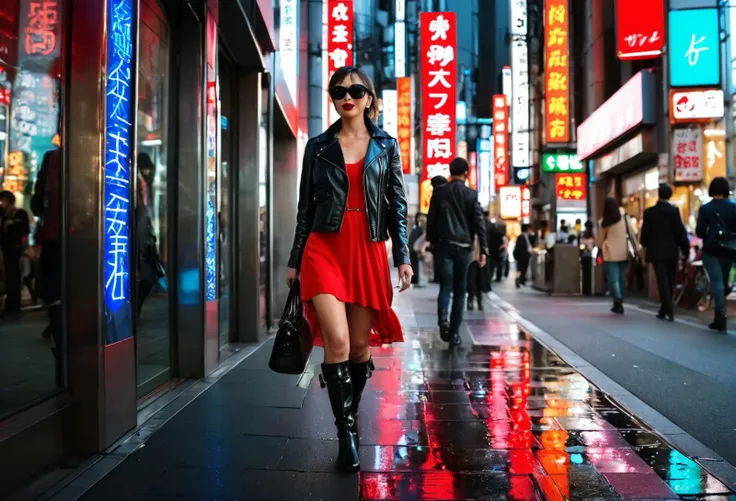 Half body shot, A stylish woman walks down a Tokyo street filled with warm glowing neon and animated city signage. She wears a black leather jacket, a long red dress and black boots, and carries a black purse. She wears sunglasses and red lipstick. She walks confidently and casually. The street is damp and reflective, creating a mirror effect of the colorful lights.Many pedestrians walk about.