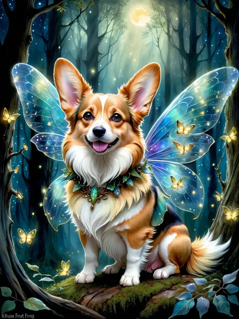 Fairy + corgi, dense forest, night sky, fireflies, Detailed fantasy, Spotlight: fairy's translucent wings, corgi's fluffy fur, expressive eyes, Atmospheric detail: mist, moonlit, amidst ancient trees, Finalize in the style of Brian Froud's intricate fae illustrations