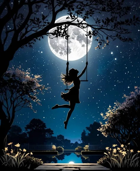 A girl hangs in the air moonlight on a tranquil garden, Her silhouette contrasts against the night sky, Her eyes, like stars, draw focus, The scene is dreamlike, tempering fantasy.