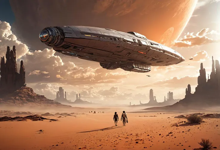 In the image, two people are walking in a desert-like environment, with a large spaceship flying overhead. The sky is filled with clouds, and the scene appears to be set during a sunset. The people are walking towards the spaceship, which is positioned in the middle of the image. The overall atmosphere of the scene is one of adventure and exploration. cloud, sky, multiple boys, science fiction, 2boys