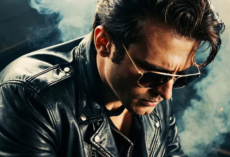 The image features a close-up of a man wearing sunglasses and a leather jacket. The man is looking down at something, possibly a phone or a piece of equipment. The sunglasses are dark and the man's face is partially obscured by them. The background of the image is dark and smoky, which adds to the overall mood of the scene. The man's attire, including the leather jacket, suggests that he might be in a professional or high-stakes environment. 1boy, male focus, solo, sunglasses, jacket, leather jacket