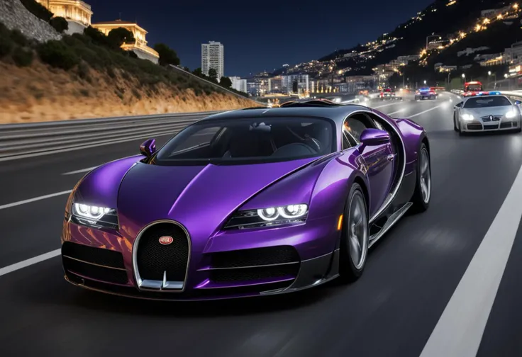 Digital illustration of a purple Bugatti tearing through the Monaco highway at night, closely pursued by a squadron of police cars. The scene unfolds under the cover of darkness, with the city's luxurious lights providing a vibrant backdrop. The Bugatti's glossy purple exterior reflects the neon glows of Monaco's nightlife as it dashes past landmarks and through tunnels, its engine's roar echoing in the night. Police lights flash in a rhythmic pattern, casting a red and blue hue over the scene, adding urgency to the chase. The contrast between the high-speed luxury car and the determined law enforcement effort creates a gripping narrative of pursuit, set against the nocturnal beauty of Monaco, where the thrill of the chase amplifies the allure of the night.photorealistic, amazing quality, ultra realistic, 3D, HD, best quality, amazing quality, very aesthetic, absurdres, <lora:extremely_detailed:0.8> extremely detailed
