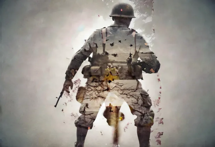 soldier, WWII, full body shot, double exposure effect, <lora:Double Exposure XL:1> double exposure
