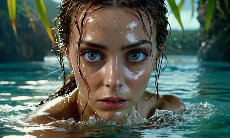 scene from a movie X, woman head in water, dramatic, detailed eyes, cinematic, water at background