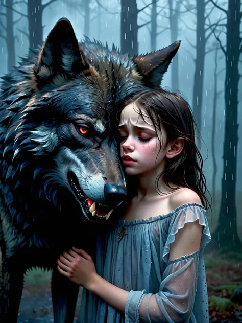 Young girl, flat chested, closed eyes, seeking refuge under large, dark wolf with depressing shadows, amidst foggy, rain-soaked surroundings, in the style of Twilight series' pale demonic influences.