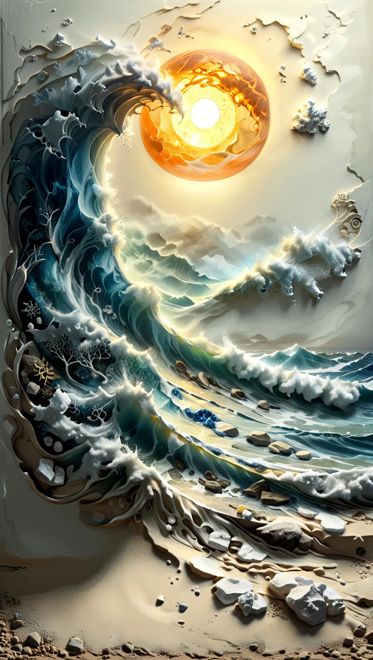 <lora:artfullyWHIMSICAL_SDXL_V1:0.9>, artwhmscl, romantic art, The fine painting shows a huge wave on a coast. The water is crystal clear so we can see the intricate patterns of light and shadow. In the distance we see the vastness of the ocean stretching to the horizon, its surface dotted with small waves. the sky is various shades of blue from deep navy blue to light sky blue. The sun casts a warm orange light over everything giving the scene a sense of vitality and energy. This painting conveys a sense of strength and beauty reminding us of the raw power and majesty of nature. It will inspire viewers to appreciate the wonders of our world and seek their own personal connection with the natural world around them,some deep blue,
<lora:add-detail-xl:1>
<lora:ral-decoznow-sdxl:1> ral-decoznow>
<lora:ral-ertmsphr-sdxl:1> ral-ertmsphr
<lora:dvr-lnds-sdxl:0.15> dvr-lnds-sdxl
<lora:artfullyTREETTREET_SDXL_V1:1> Arttrttrt