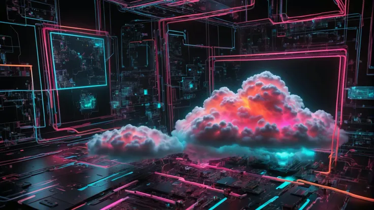 a neon image, cloud computer controlled by AI, uhd, Midjourney