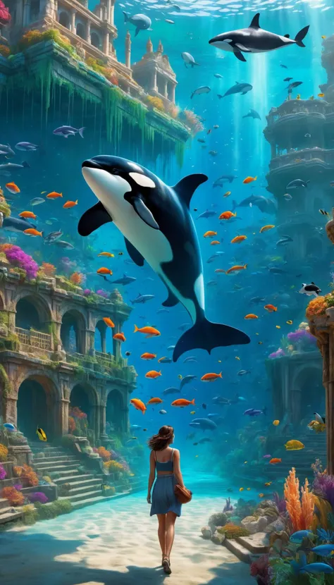 a woman walking on a street in a (((sunken city))), big orca swimming over her, lots of colorful fishes, some whales in the background, highly detailed, (extremely detailed CG unity 8k wallpaper), professional majestic oil painting trending on ArtStation, trending on CGSociety, Intricate, High Detail, Sharp focus, dramatic, <lora:add-detail-xl:1>