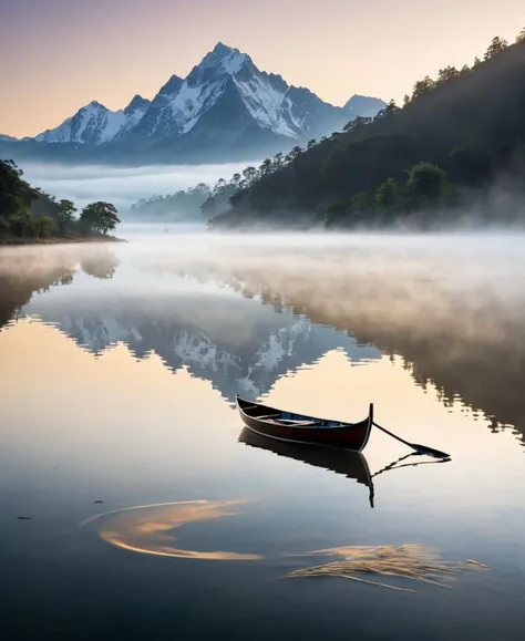 In the tranquil embrace of the mist-shrouded lake, a scene unfolds with ethereal beauty, captured by the Sony A7IV with a 20mm G Master lens set at a wide aperture of F1.5. Bathed in the golden light of the hour, a solitary boat glides silently across the water's surface, leaving a gentle ripple in its wake. Its reflection dances delicately upon the serene expanse, mirroring the enchanting spectacle above. Behind it, a single majestic mountain rises from the mist, its silhouette a testament to nature's grandeur. As the mist weaves its spell and the golden light illuminates the scene, a sense of peace and wonder fills the air, inviting contemplation and serenity.