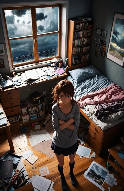 angry 18yo sister, bedroom, desk, messy room, anime, looking at viewer, window, angry, arms behind back, from above, stormy sky, dim light at cozy bedroom,, (masterpiece, best quality, very aesthetic, ultra detailed), intricate details,
