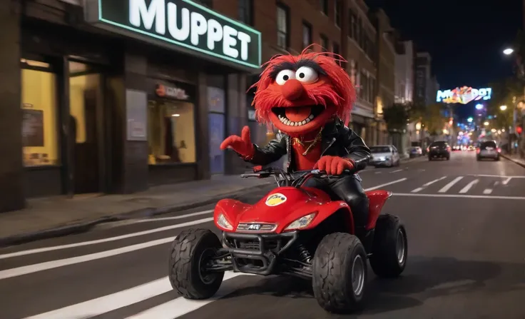 <lora:SDXL/My Loras/Animal_Muppet:0.7> side view,
wide shot,
male, close up, red muppet animal, teeth,
<lora:SDXL/Details added/EnvyZoomSliderXL01:-0.5>zoom out,
driving:2 quad bike, behind steering wheel, leather jacket pants,
night time city street,
neo signs reads"MUPPET"
motion blur, speed lines,