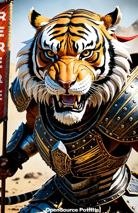 Digital art, portrait of an anthropomorphic roaring Tiger warrior with full armor, close up in the middle of a battle, behind him there is a banner with the text "Open Source". english text