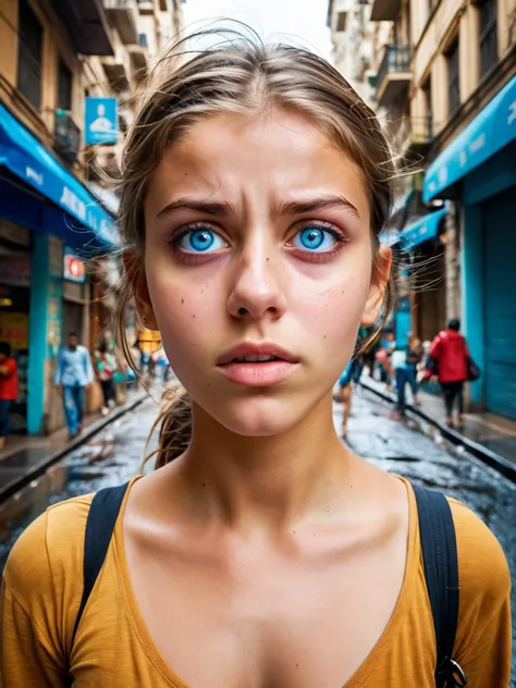 A 21-year-old woman in life-defining moment, intense emotions reflected in her azure eyes, stands in a bustling city street at mid-day. The photograph captures her in a raw and intense street photography style, with elements like architecture, people, and weather conveying the mood and tone.
